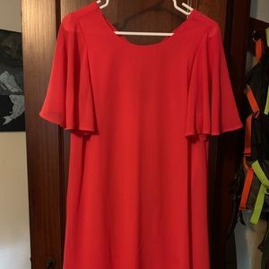 Red Flutter Sleeved Dress with Black Lace Hem